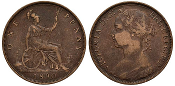 Великобритания 1 пенни 1890 Виктория (1837-1901) KM 755, Spink 3954 бронза  1518-1544