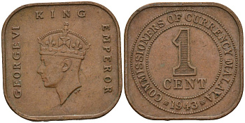 Британская Малайя 1 цент 1943 Георг VI (1937-1952) KM 6 бронза 4153-637