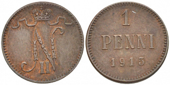 РОССИЯ ДЛЯ ФИНЛЯНДИИ 1 ПЕННИ 1915 НИКОЛАЙ II KM 13, Биткин 475 медь 211-1014
