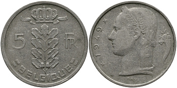 Бельгия 5 франков 1949 Леопольд III (1934-1950), Belgique KM 134.1 медно-никель 98-624