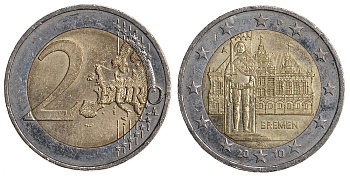 ФРГ 2 евро 2010 А, Бремен, городская ратуша и Роланд, серия Федеральные земли Германии KM 285 биметалл 93-631