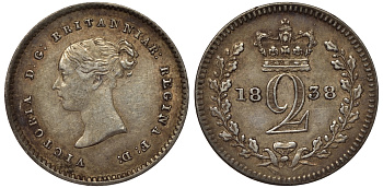 Великобритания 2 пенса 1838 Виктория (1837-1901), для обращения в Британской Гвиане и некоторых частях Британской Вест-Индии KM 729, Spink 3914E серебро 1524-444