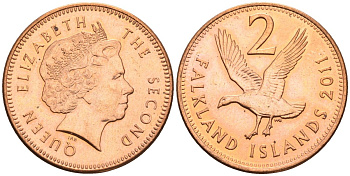 Фолклендские острова 2 пенса 2011 Елизавета II (1952-2022), магелланов гусь KM 131 сталь плакированная медью aUNC 87-125