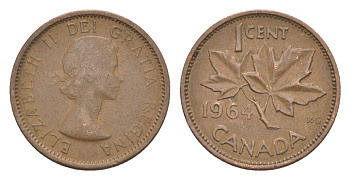 Канада 1 цент 1964 Елизавета II (1952-2022), кленовый лист KM 49 бронза 4630-541