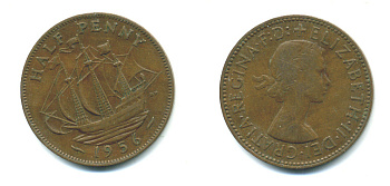 Великобритания 1/2 пенни 1956 Елизавета II (1952-2022) KM 896, Spink 4158 бронза 4383-1037