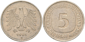 ФРГ 5 марок 1981 G KM 140.1 медно-никель 4557-221