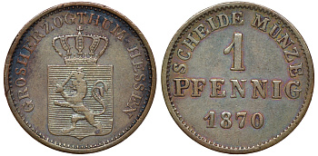 Гессен-Дармштадт 1 пфенниг 1870 Людвиг III (1848-1877) KM 337, Jaeger 55, AKS 131 медь 220-934