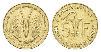 Западная Африка (BCEAO) 5 франков 1999 KM 2a медь алюминий никель UNC 4651-869