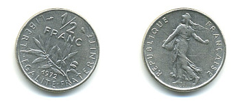 Франция 1/2 франка 1972 сеятель KM 931.1, LE FRANC 198.11 никель 25-847