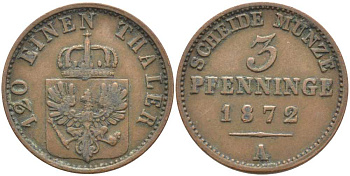ПРУССИЯ 3 ПФЕННИГА 1872 А, ВИЛЬГЕЛЬМ I (1861-1888) KM 482 медь 117-1127