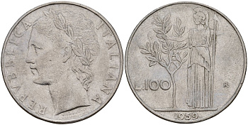 Италия 100 лир 1959 R, Афина у оливкого дерева KM 96.1 нержавеющая сталь 4149-1213