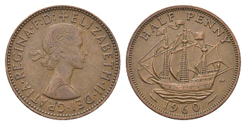 Великобритания 1/2 пенни 1960 Елизавета II (1952-2022) KM 896, Spink 4158 бронза 4662-1156