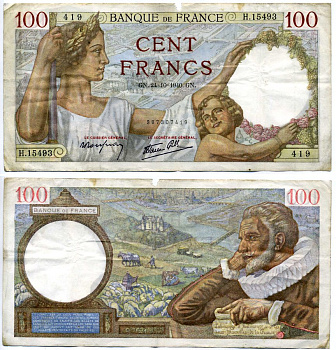 Франция 100 франков 1940 24 октября 1940 Pick 94 бумага 7215-19-2-2