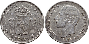 Испания 5 песет 1883 (83) MS-M, АЛЬФОНСО XII KM 688 серебро 02-224-31
