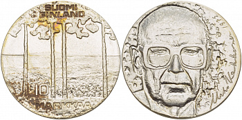 Финляндия 10 марок 1975 S-H, 75 лет президенту Урхо Кекконену KM 54 серебро UNC 1515-1535