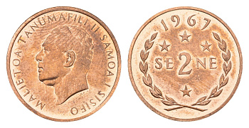 Самоа 2 сене 1967 год-тип KM 2 бронза UNC 96-1161