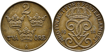 Швеция 2 эре 1912 Густав V (1907-1950), редкий год KM 778 бронза 54-1356