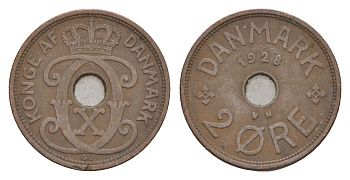 Дания 2 эре 1928 N, Кристиан X (1912-1947) KM 827 бронза 4658-224
