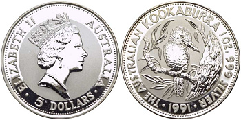 Австралия 5 долларов 1991 кукабара на ветке KM 138 серебро PROOF 00-000-00
