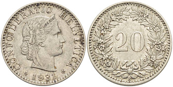 Швейцария 20 раппенов 1931 B KM 29 никель     4514-1052