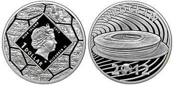Ниуэ 1 доллар 2012 футбол чемпионат, стадион во Вроцлаве, в оригинальной коробке с сертификатом тираж 1000 шт. KM NEW серебро PROOF 00-00