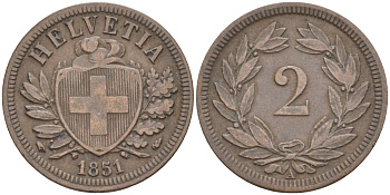 Швейцария 2 раппена 1851 А KM 4.1 бронза 4390-817