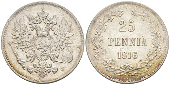 Россия для Финляндии 25 пенни 1916 S, Николай II (1894-1917) KM 6.2, Биткин 421 серебро 63-345