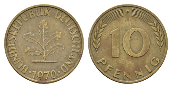 ФРГ 10 пфеннигов 1970 F KM 108, J. 383 сталь плакированная латунью 4618-1229