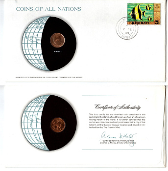 Кирибати 1 цент 1979 конверт с маркой первого дня гашения, Coins of Nations KM 1 бронза UNC 4295-4-1