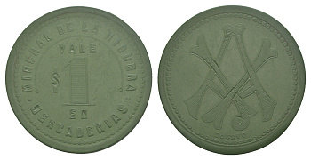 Чили, рудник Рудник Ла-Игера шахтерский жетон с Медного рудника для покупки в местных магазинах, номиналом в 1 песо конец XIX века диаметр 40 мм, вес 4,9 гр не описан в Espinosa эбонит (зеленый) 1066-1-61