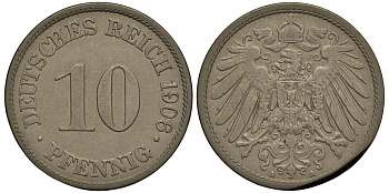 ГЕРМАНИЯ 10 ПФЕННИГОВ 1906 A БРАК ЗАГОТОВКИ KM 12, J. 13 медно-никель 650-1725
