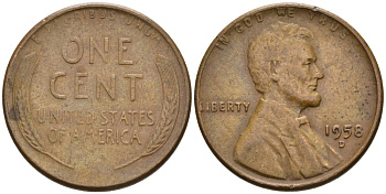 США 1 цент 1958 D, Линкольн KM А132 медь цинк 4564-316