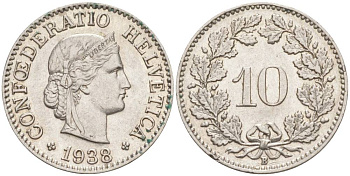 ШВЕЙЦАРИЯ 10 РАППЕНОВ 1938 В KM 27b никель 201-235