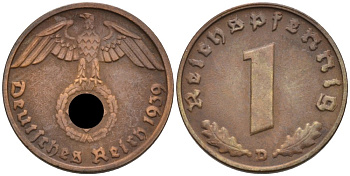 Германия 1 рейхспфенниг 1939 D KM 89, J. 361 бронза 4567-1067
