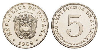 Панама 5 сентесимо 1969 тираж 14.000 экземпляров KM 23.2 медно-никель PROOF 1524-724