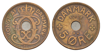 Дания 5 эре 1928 N, Кристиан X (1912-1947) KM 828 бронза 4638-623
