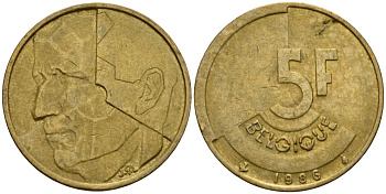 Бельгия 5 франков 1986 Belgique, Бодуэн I (1951-1993) KM 163 алюминиевая бронза 4601-136