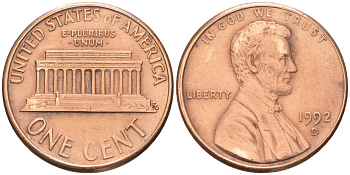США 1 ЦЕНТ 1992 D, ЛИНКОЛЬН KM 201b цинк плакированный медью 188-341