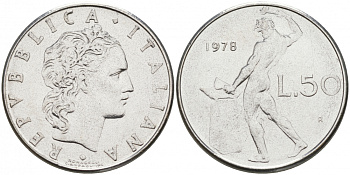 ИТАЛИЯ 50 ЛИР 1978 R, БОГ ОГНЯ ВУЛКАН У НАКОВАЛЬНИ KM 95.1 нержавеющая сталь 3996-957