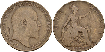 Великобритания 1 пенни 1909 Эдуард VII (1901-1910) KM 794.2, Sp 3990 бронза 4149-645