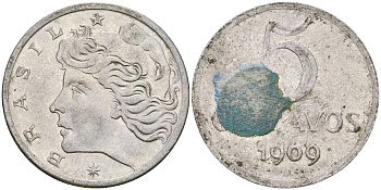 Бразилия 5 сентаво 1969  голова свободы влево KM 577.2, Schon 82a нержавеющая сталь 87-427