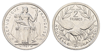 Новая Каледония 2 франка 1987 птица кагу, (IEOM) KM?14, Schoen?11, Lec?58 алюминий UNC 181-946