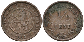 Нидерланды 1/2 цента 1885 Виллем III (1849-1890) KM 109 бронза 4576-267