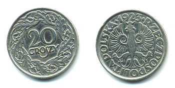 ПОЛЬША 20 ГРОШЕЙ 1923 KM 12 никель 4383-166