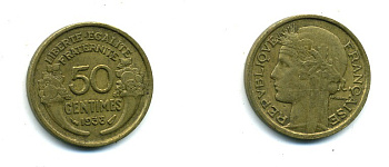 ФРАНЦИЯ 50 САНТИМОВ 1938 KM 894.1 алюминиевая бронза 84-362