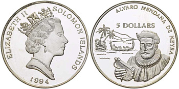 Соломоновы острова 5 долларов 1994 Альваро Менданья де Нейра (1542-1595) KM 63 серебро PROOF 00-00-00