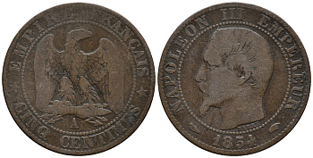 ФРАНЦИЯ 5 САНТИМОВ 1954 А, НАПОЛЕОН III KM 777.1 бронза 67-116