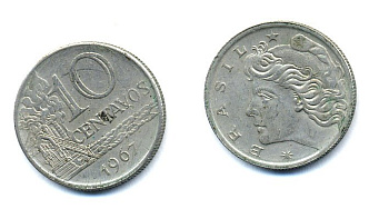 БРАЗИЛИЯ 10 СЕНТАВО 1967 KM 578.1 медно-никель 51-5142