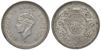 Британская Индия 1/4 рупии 1945 Георг VI (1936-1952), мондвор Бомбей KM 547 серебро 4177-441