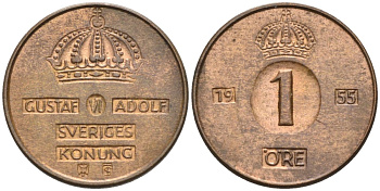 Швеция 1 эре 1955 Густав VI Адольф (1950-1973) KM 820 бронза 4580-1055